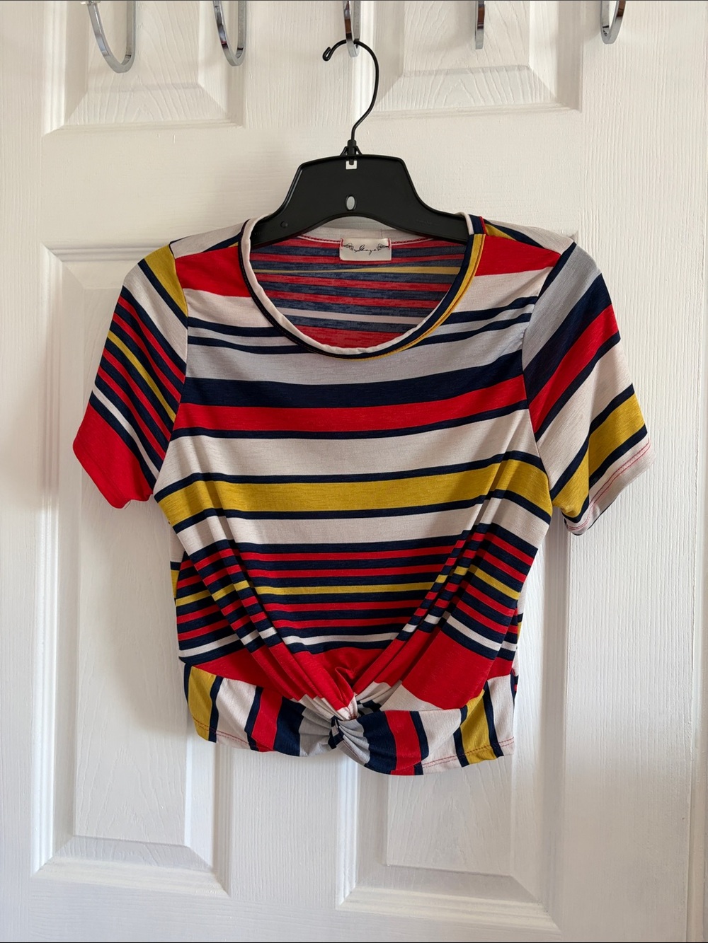 gaze Striped Knot-Front Crop Top in Red, Navy ,white & Yellow